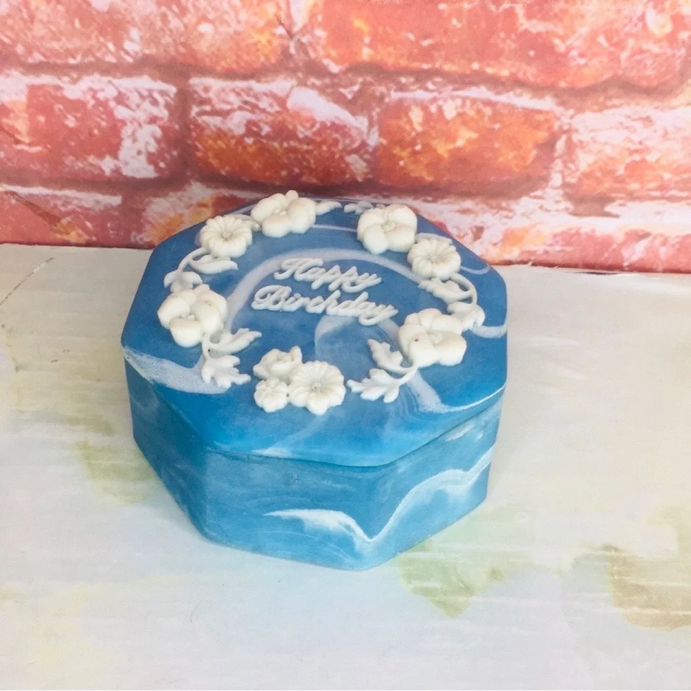 Vintage Blue and White Floral Embossed Happy Birthday Incolay Stone Trinket Box